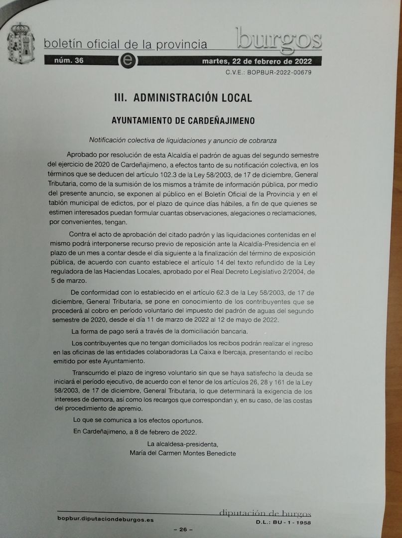 Notificación colectiva de liquidaciones y anuncio de cobranza- 2º Semestre 2020- Cardeñajimeno. 
